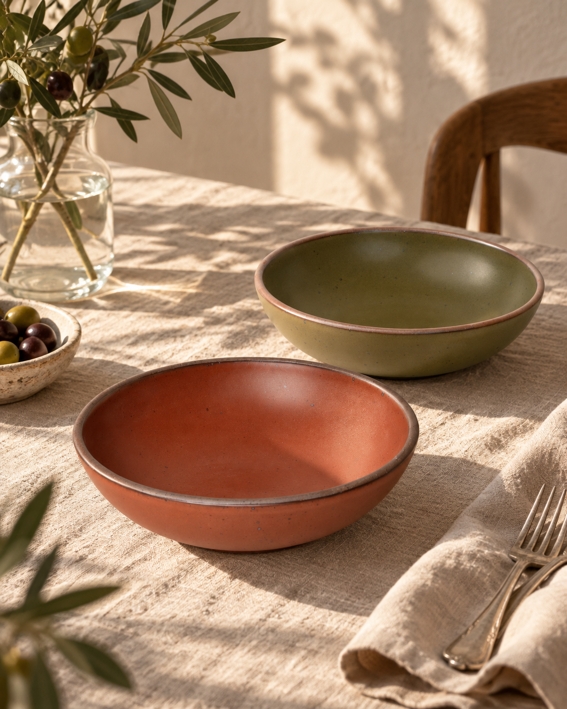 Terracotta and green stoneware bowls styled on a sunlit linen table