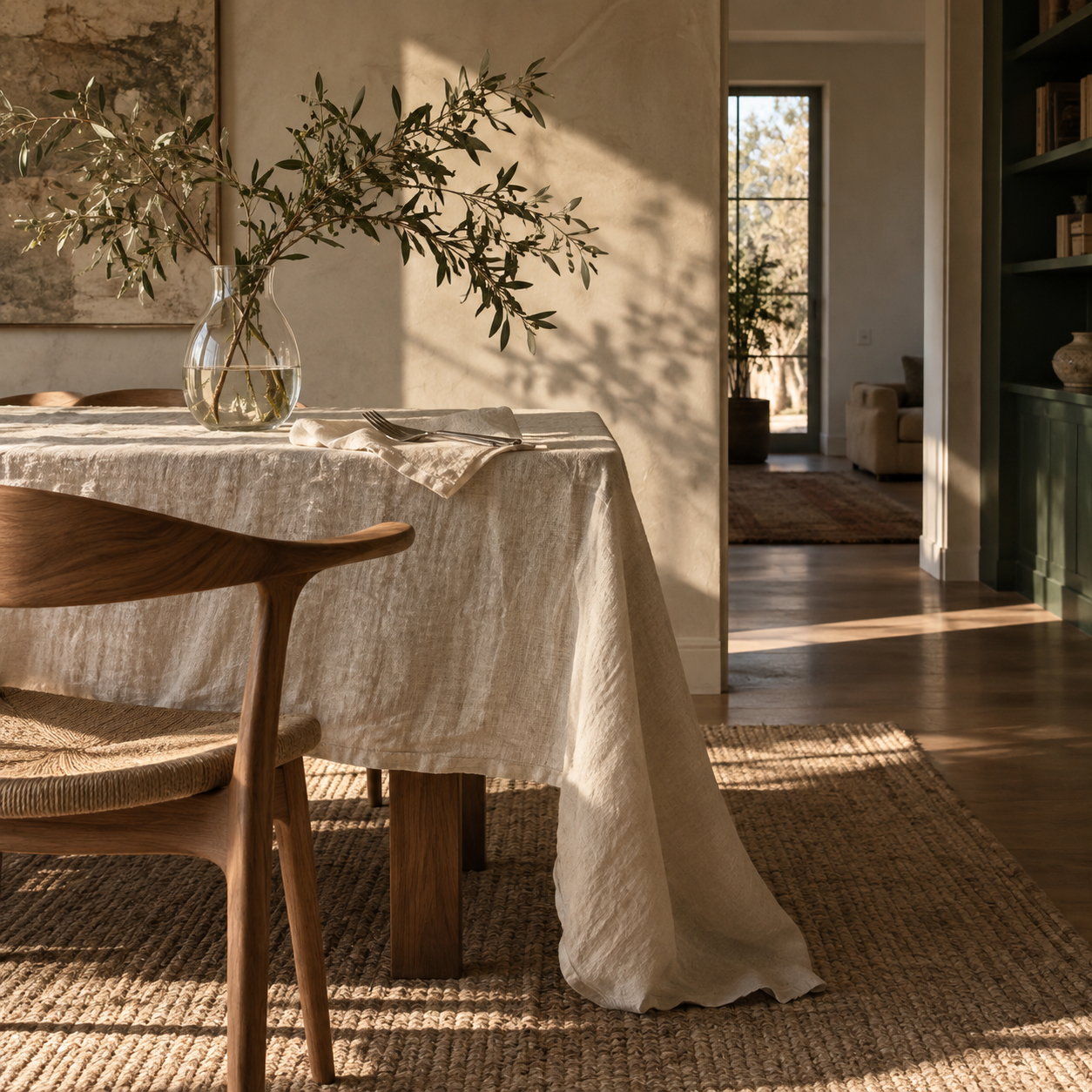 A quiet dining corner with linen, olive branches, and afternoon light